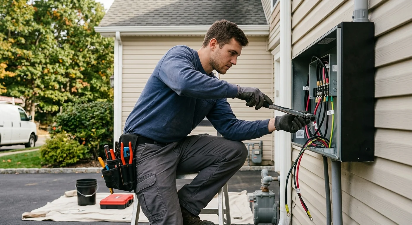 Technician torquing DC connections during a residential inverter replacement