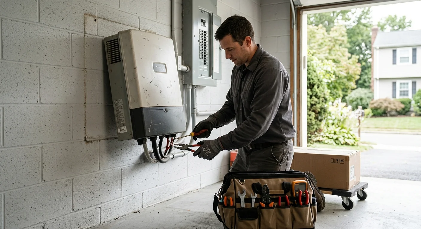 Failed older inverter removed from a garage wall before upgrade begins