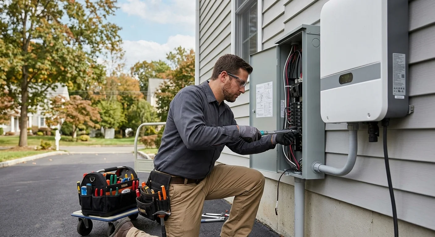 Hybrid battery-ready inverter mounted beside an electrical disconnect panel