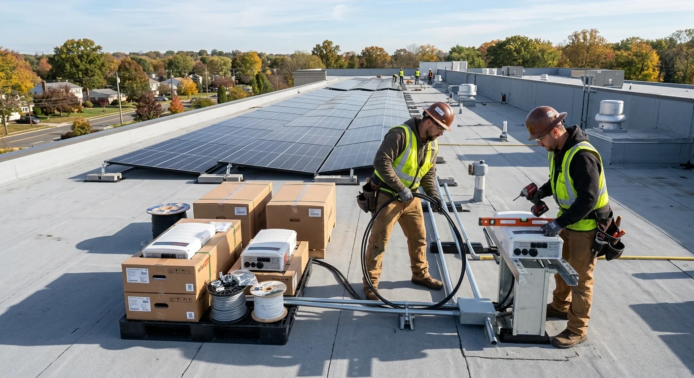Commercial flat-roof solar array with new inverter equipment staged for install