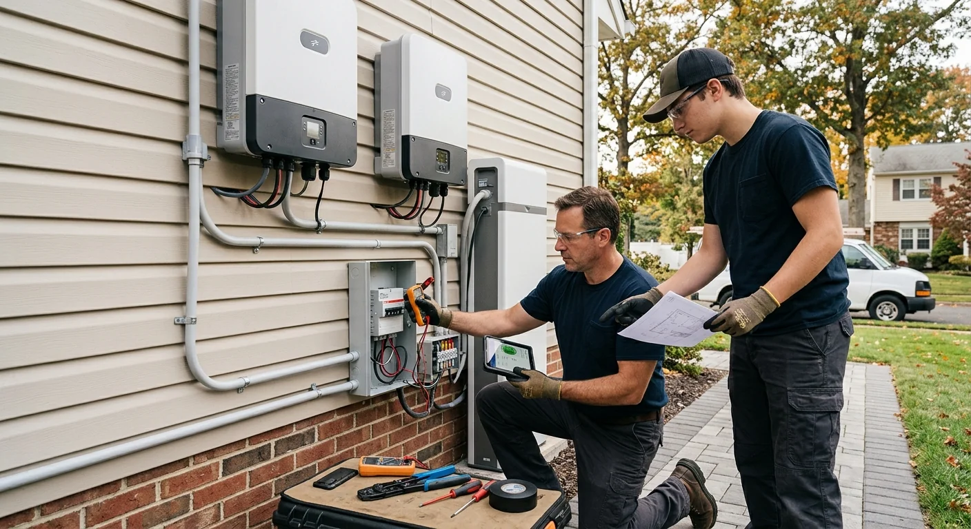 Finished exterior inverter installation with clean conduit runs on a suburban home