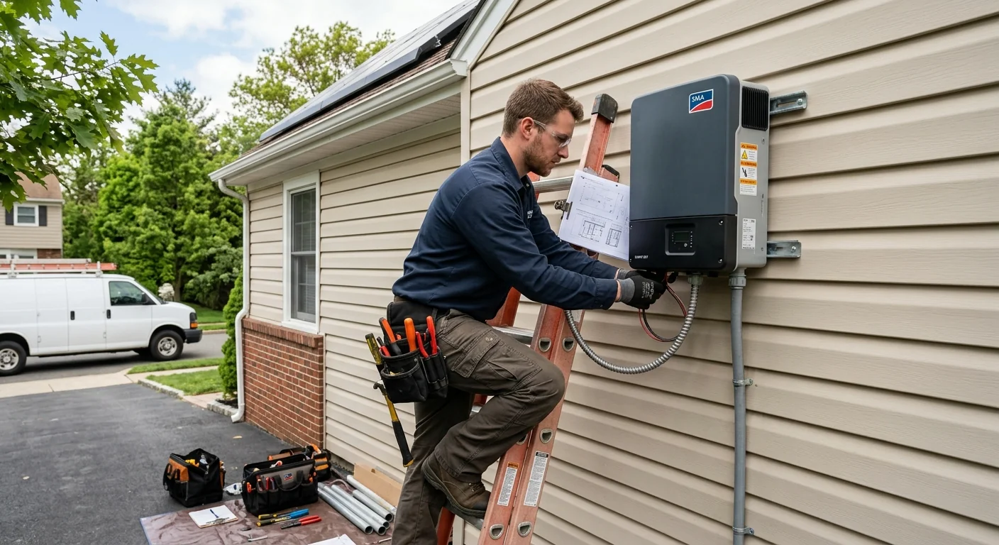 Technician mounting a solar inverter on a Paramus home exterior wall
