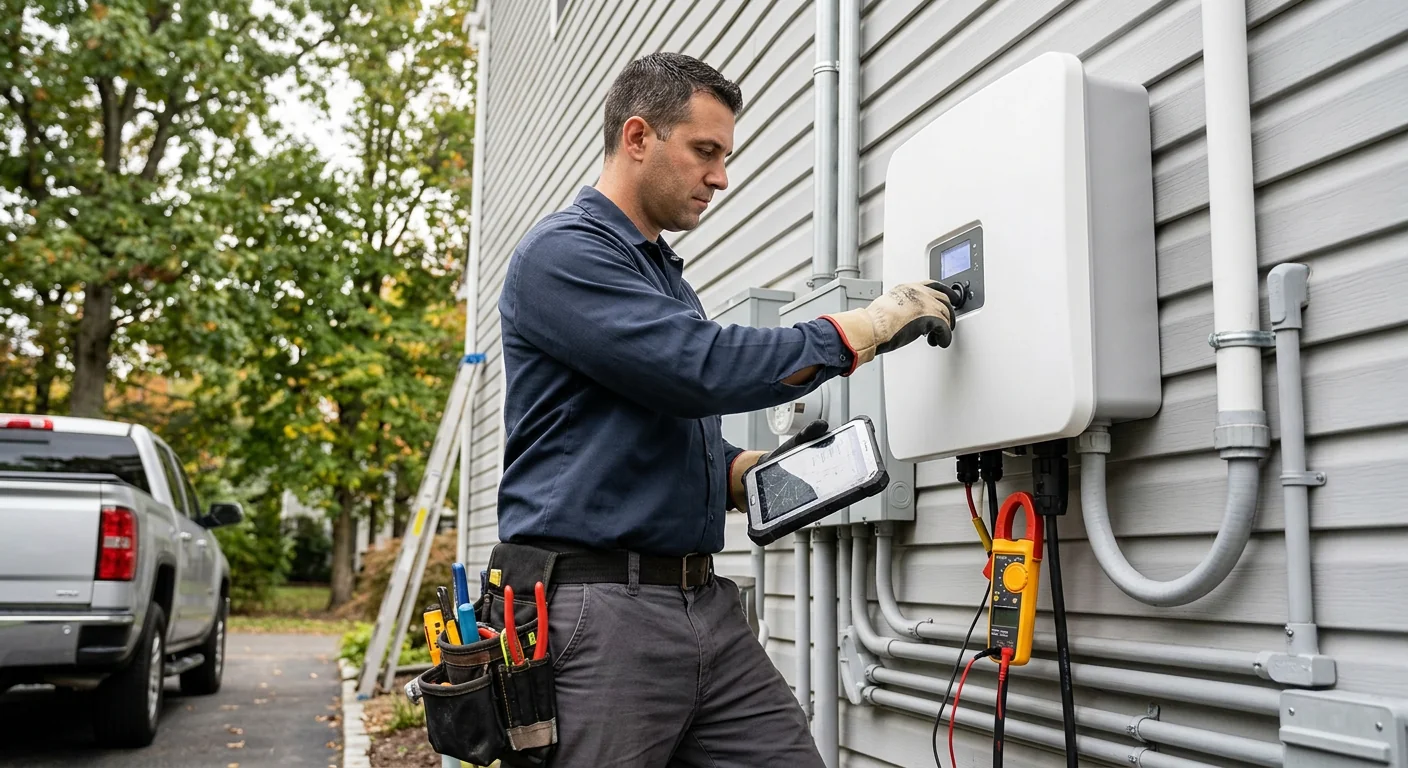 Electrician reviewing inverter monitoring readings during a scheduled follow-up visit