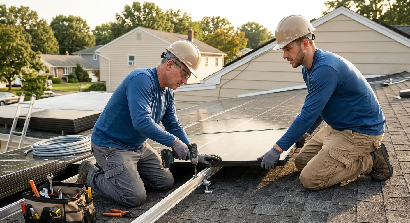 Solar technician reviewing an installation schedule on a Paramus residential rooftop