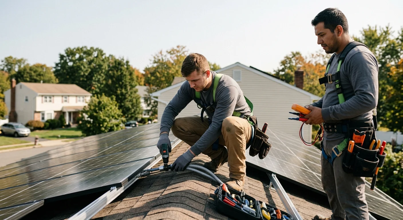 Solar team reviewing panel layout on a Paramus rooftop