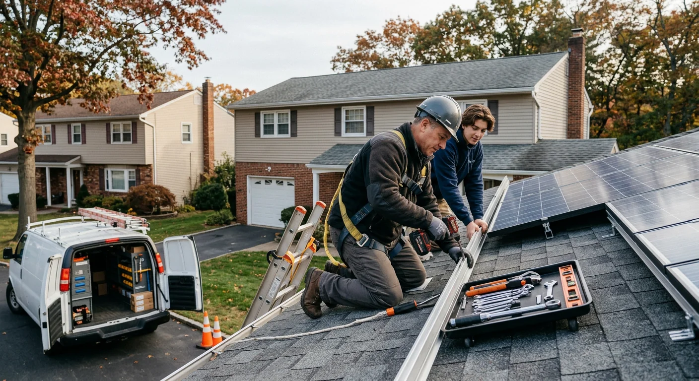 Technician reviewing a completed solar installation with a homeowner during a walkthrough
