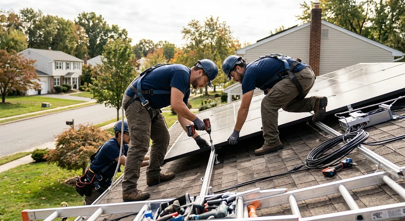 Homeowner reviewing a written solar estimate with an installer in Paramus