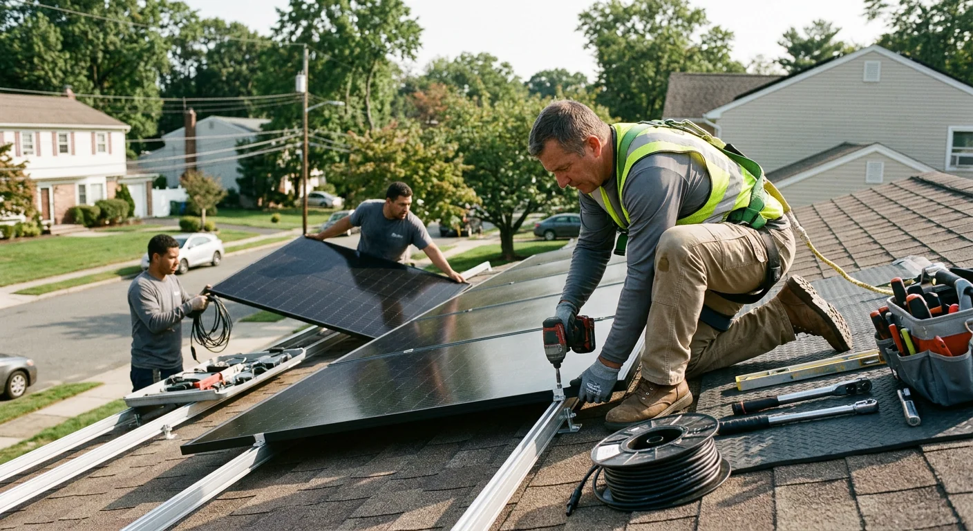 Solar technician reviewing rooftop panel layout with a homeowner in Paramus