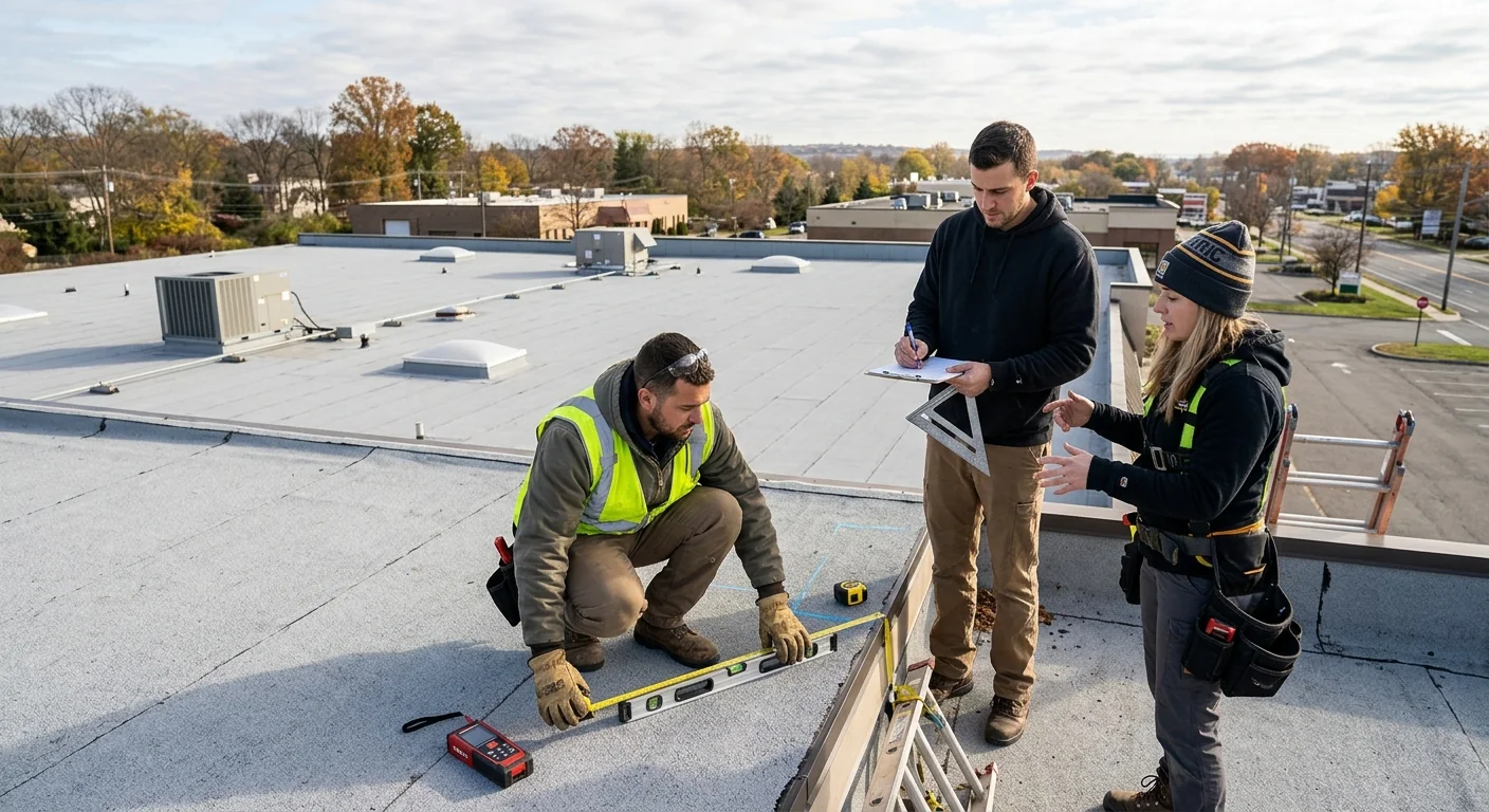 Solar crew evaluating a flat commercial roof for panel mounting in Paramus