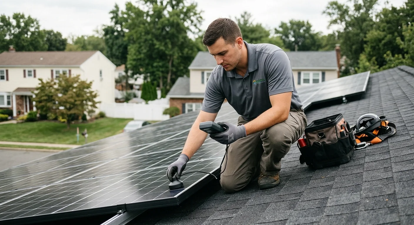 Technician using irradiance meter to test panel output on a residential roof