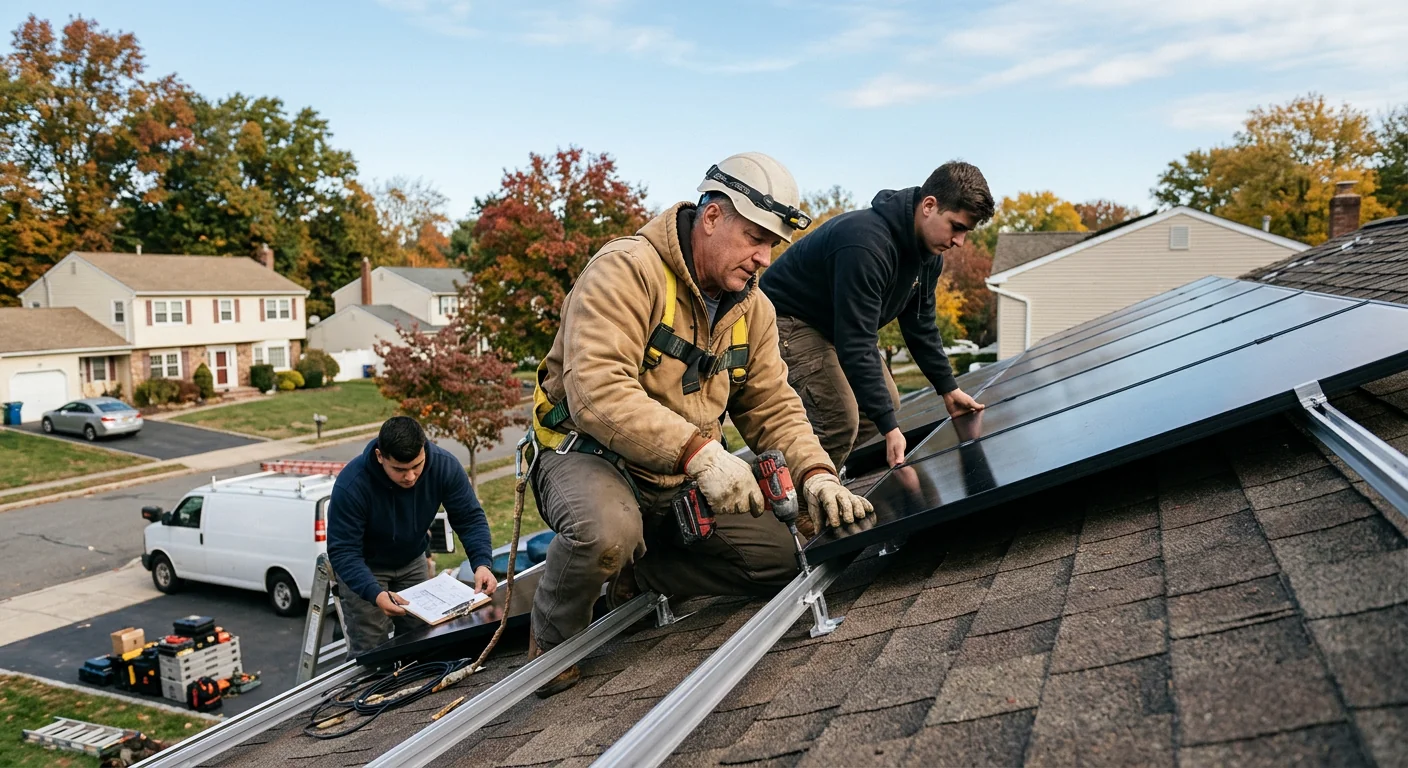 Solar installer explaining a written estimate to a homeowner at a Paramus property