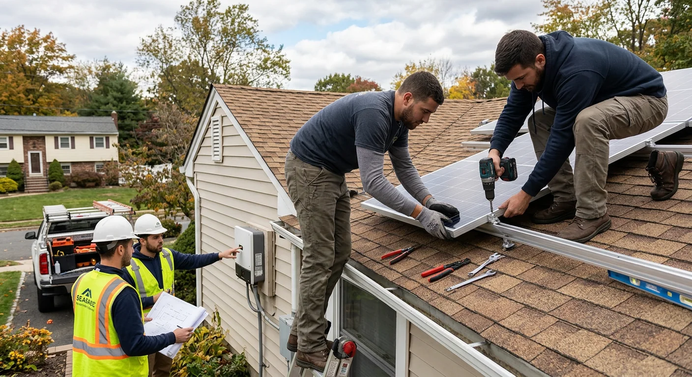 Solar panels installed on a residential rooftop in a Paramus neighborhood