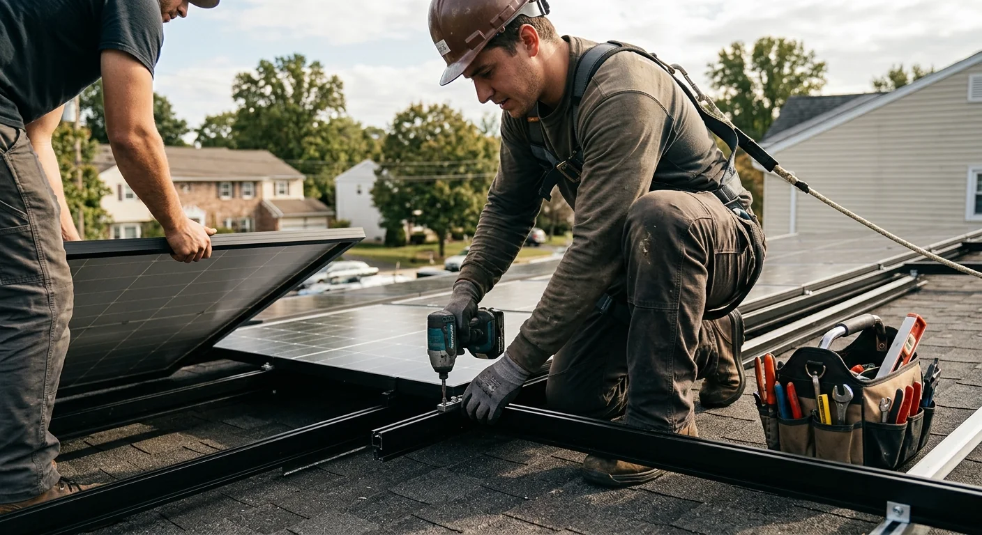 Close-up of roof-mounted solar panels with clean racking on a Paramus home