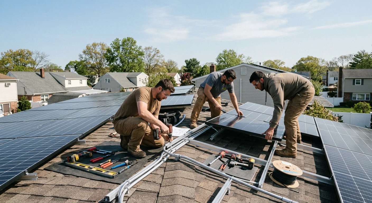 Wide shot of a residential rooftop array under clear New Jersey sky