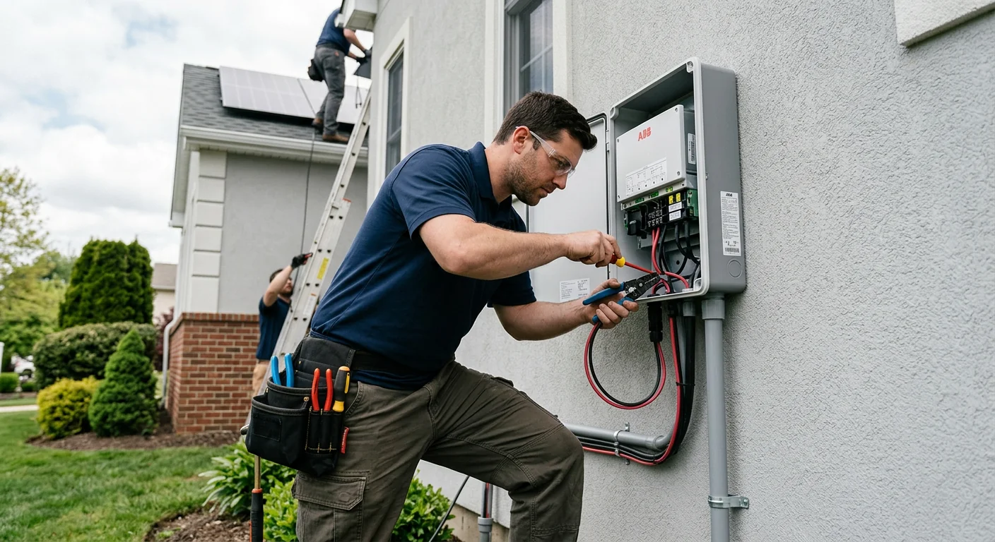 Technician wiring a solar inverter on an exterior wall during installation