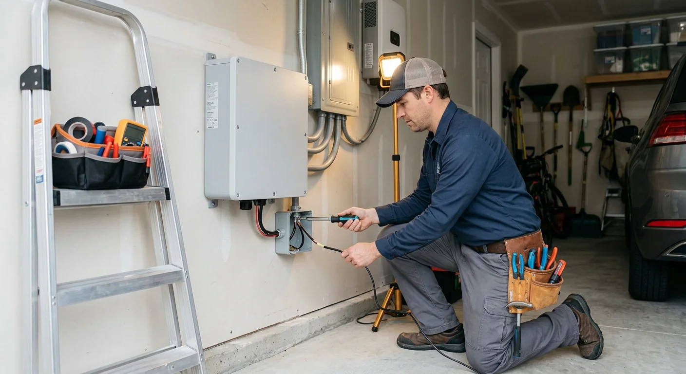 Wall-mounted solar battery storage unit installed in a suburban garage