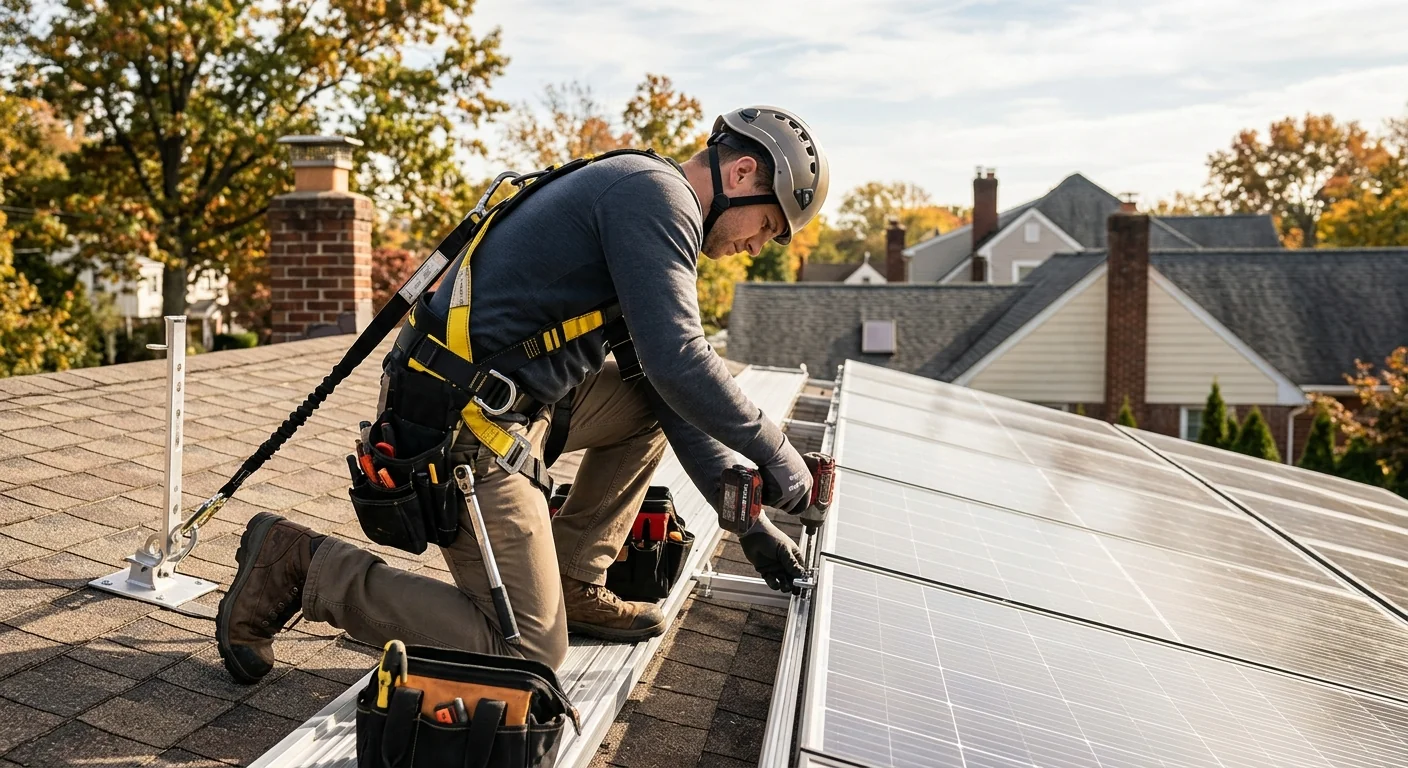 Solar technician wearing fall-arrest harness while securing rooftop panel array in Paramus