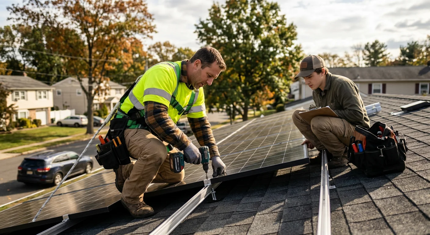 Technician inspecting rooftop solar panels during a maintenance visit at a Paramus home