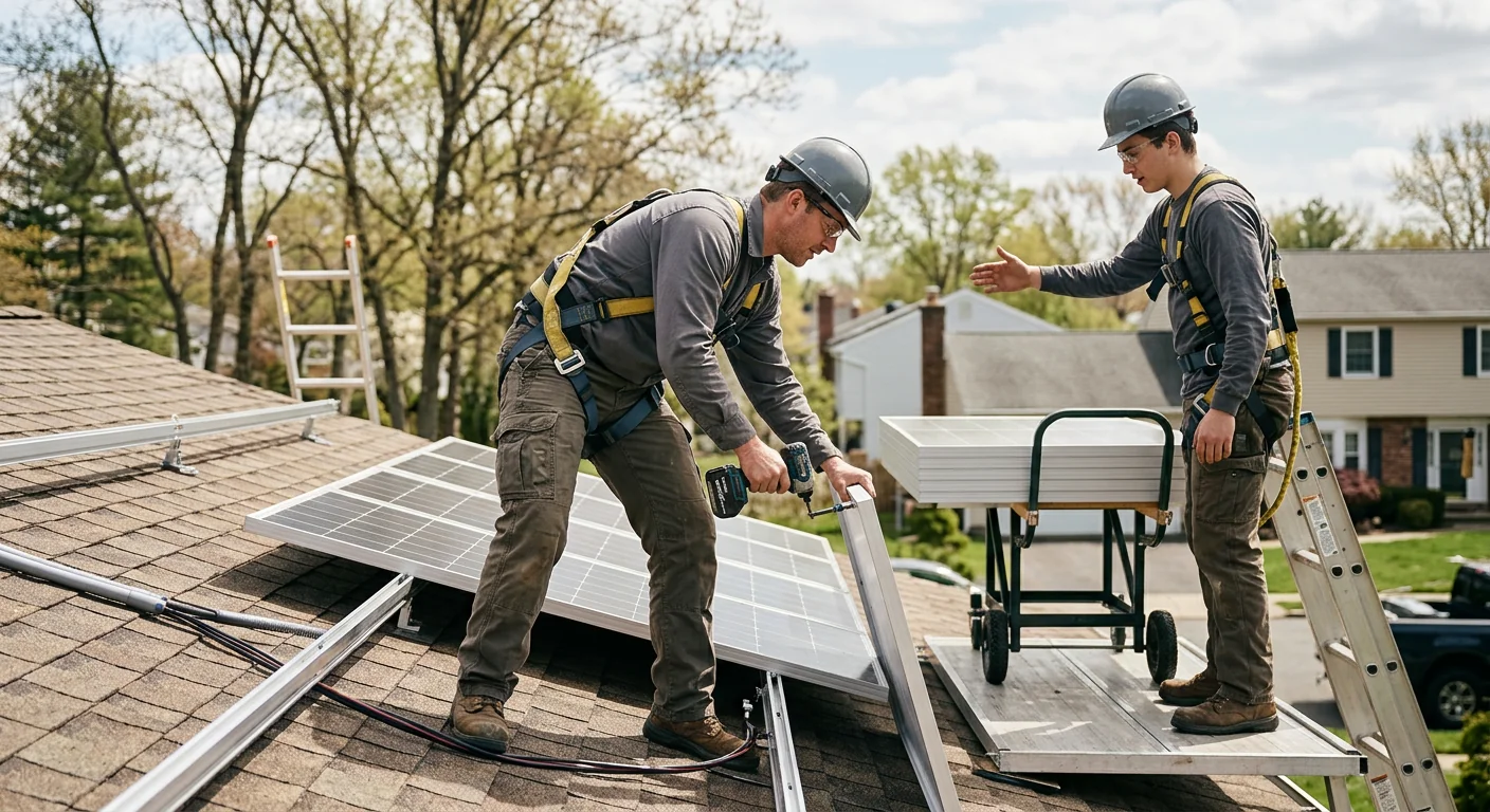 Solar technician inspecting rooftop panels during a maintenance visit in Paramus