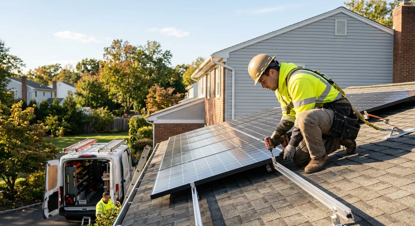 Technician inspecting rooftop solar panels and inverter wiring on a Paramus home