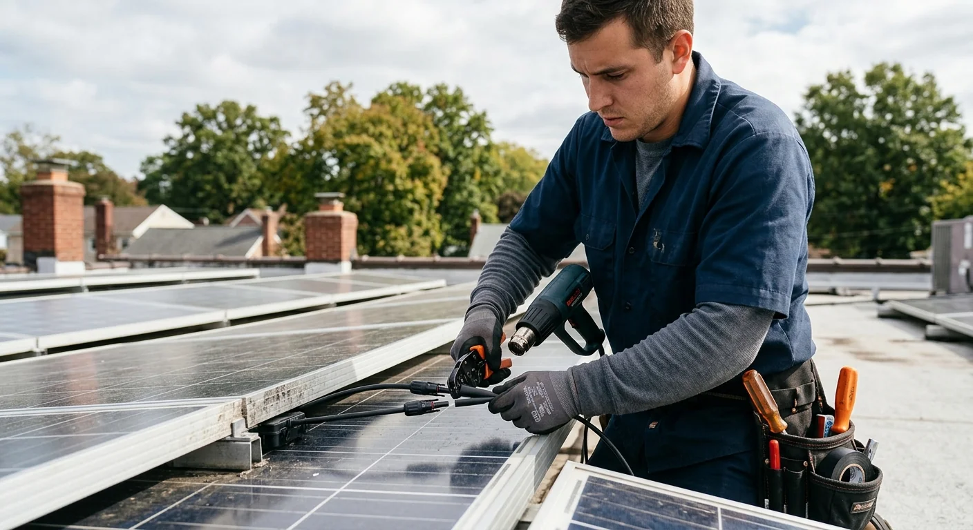 Close-up of a technician resealing solar panel wiring connectors on a Paramus rooftop