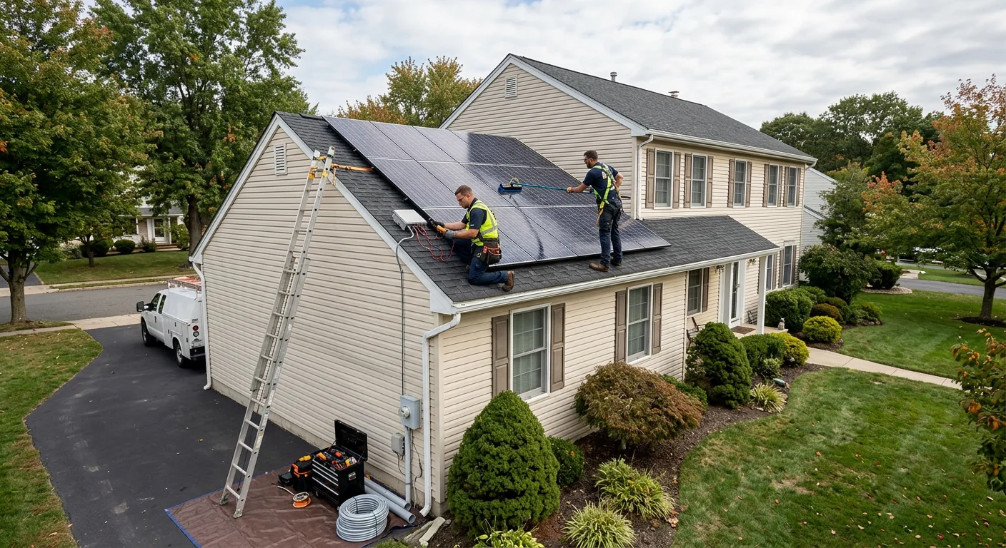 Wide shot of a residential solar array under maintenance on a suburban Paramus home
