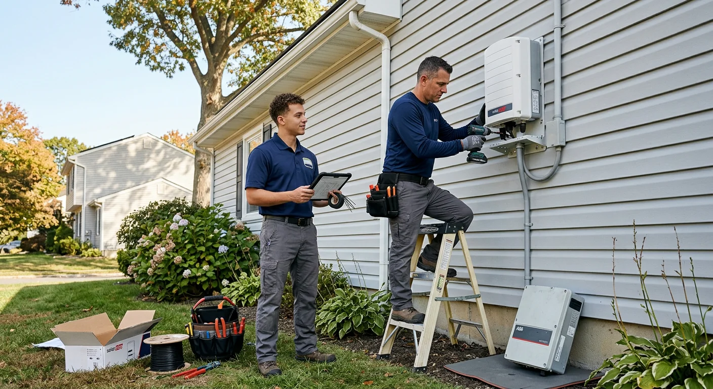 Replacement solar inverter mounted on an exterior wall during a repair visit
