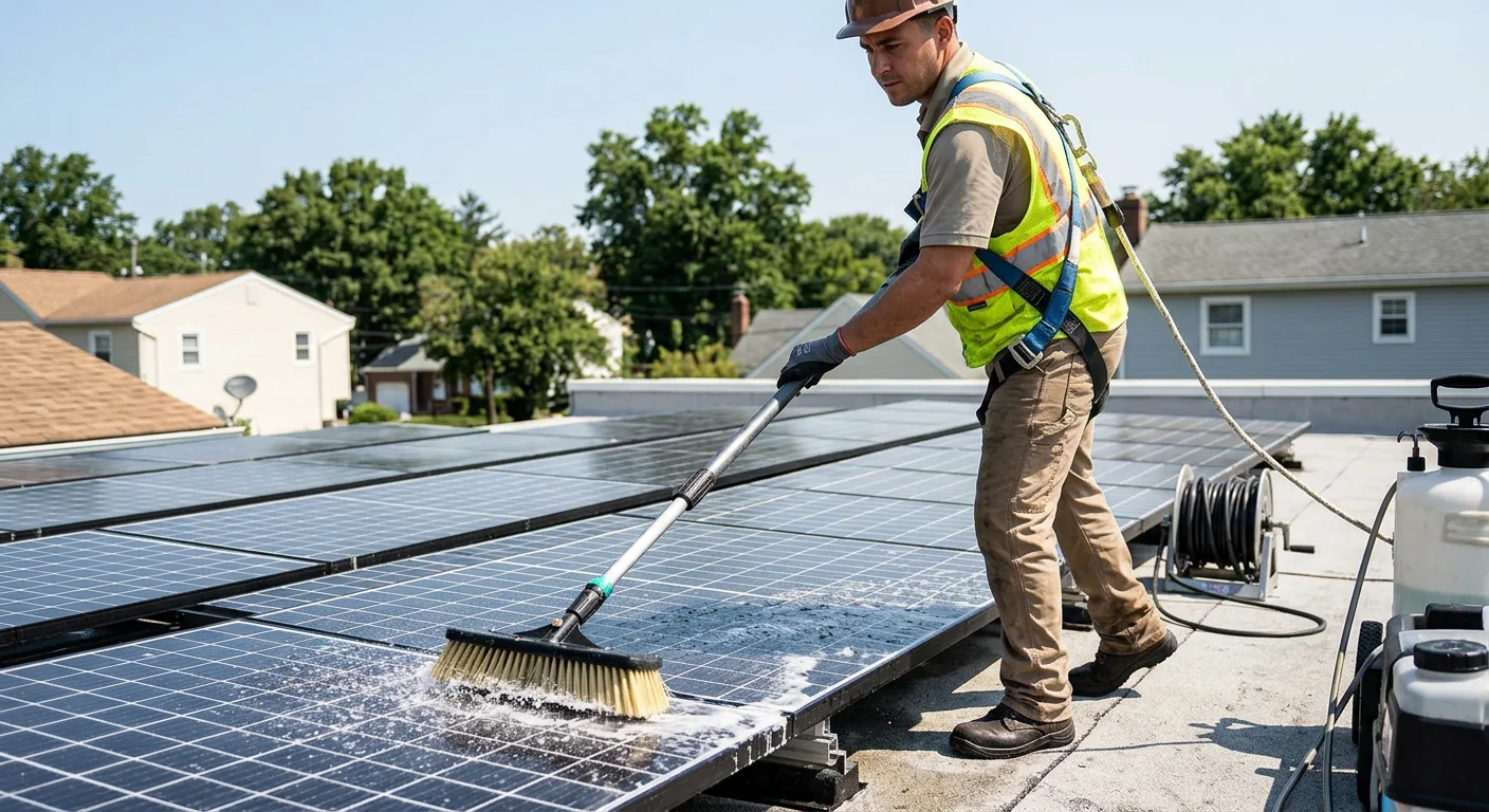 Worker cleaning dust and debris from rooftop solar modules in bright daylight