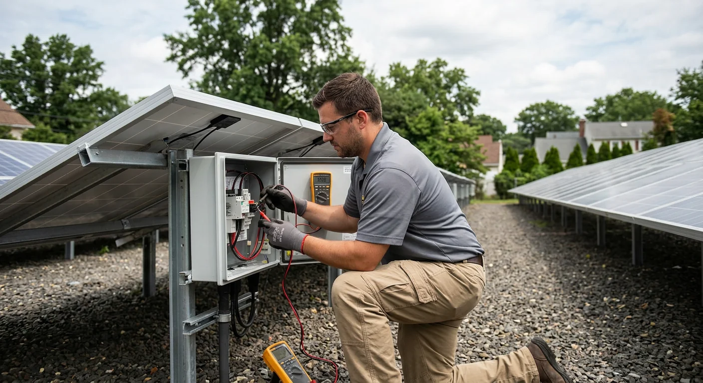 Technician testing string voltage with a meter beside a solar array