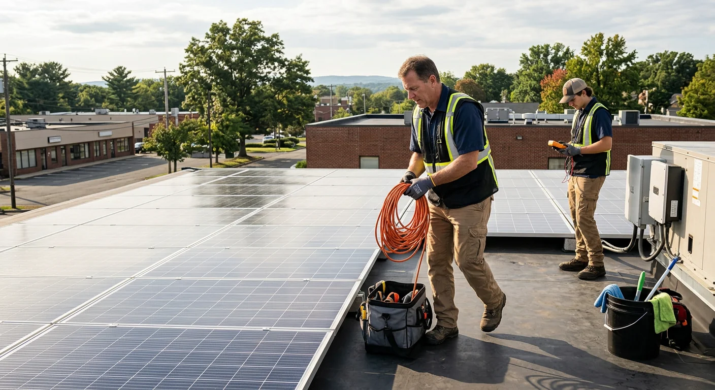 Rooftop solar panels restored to clean condition after completed maintenance in Paramus
