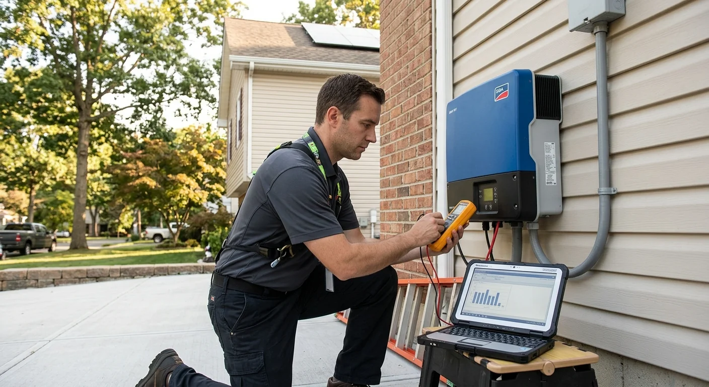 Technician running inverter diagnostics during a Paramus solar repair and maintenance visit